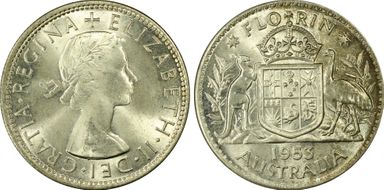 1953(m) Florin Small Rev. Denticles KM-54  Ag MS63