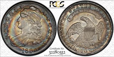 1834 50C Large Date, Small Letters AU55+ 