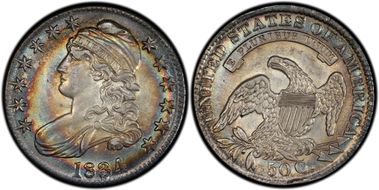 1834 50C Large Date, Small Letters AU55+ 