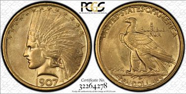 1907 $10 Indian AU58