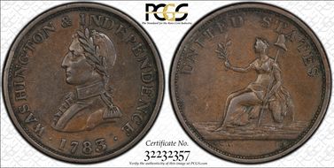1783 Copper Washington & Independence Small Bust, Plain Edge AU53BN