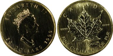 1999 $50 Maple Leaf Au 20 Years ANS Privy MS66