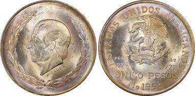 1954-Mo 5 Peso Hidalgo KM-467  Ag MS64