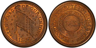 1863 Token F-208/410a Copper Flag of Our Union MS64RB