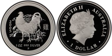 2005-P $1 Year of the Rooster Ag PR70DCAM