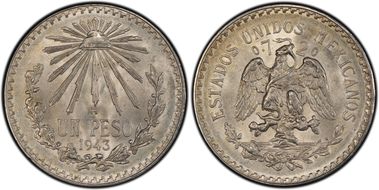 1943-M Peso KM-455  Ag MS65