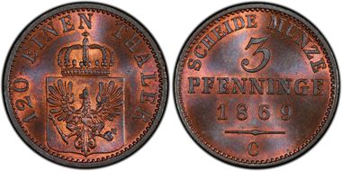 1869-C 3 Pfg KM-482 MS66RB