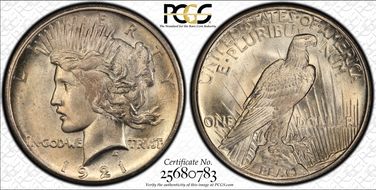 1921 $1 High Relief, Peace MS66