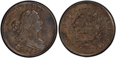 1806 1/2C C-1, Small 6, No Stems AU55BN