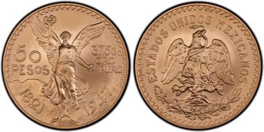 1947 50 Peso New Die Restrike KM-481  Au MS69