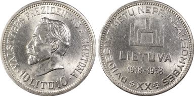 1938 10 Litu Republic ↑↑ KM-84 Ag MS63
