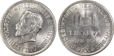 1938 10 Litu Republic ↑↑ KM-84 Ag MS63