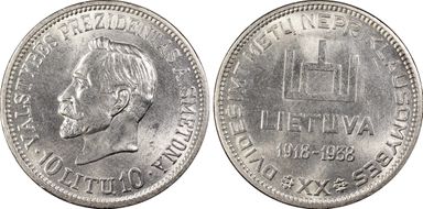 1938 10 Litu Republic ↑↑ KM-84 Ag MS63