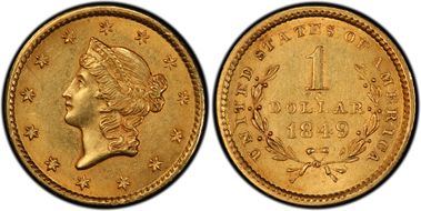 1849 G$1 Open Wreath MS62