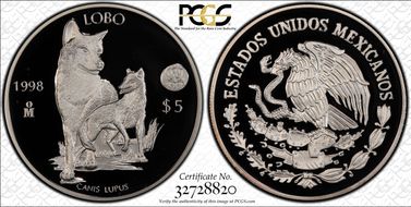 1998-Mo 5 Peso World Wildlife Fund - Lobo KM-627 Ag PR69DCAM