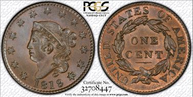 1819/(8) 1C N-2, Large Date MS65BN