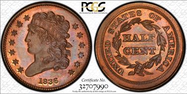 1836  1/2C Second Restrike Rev of 1840 Design PR66RB