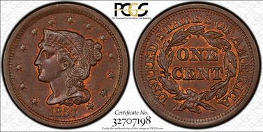 1857 1C N-2, Small Date MS65BN