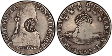 (1834-37) 8 R KM-100 C/M on Bolivia 8S VF30