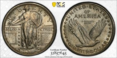 1917-D 25C Type 1 DDR FS-801 AU58