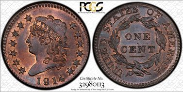 1814 1C S-294 Crosslet 4 MS65+ RB