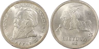 1936 5 Litai Jonas Basanavičius ↑↑ KM-82  Ag MS64
