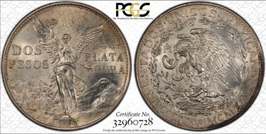 1921-Mo 2 Peso Centennial, 9 Tail F. KM-462  Ag MS63