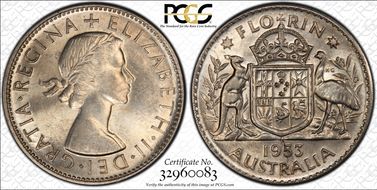 1953(m) Florin Small Rev. Denticles KM-54  Ag MS63