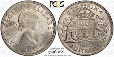 1953(m) Florin Small Rev. Denticles KM-54  Ag MS63