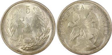 1927-So 5 Peso Narrow 5 MS64