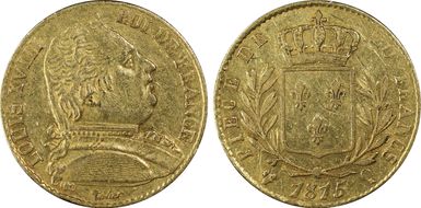 1815-Q 20 Fr Gad-1026 Louis XVIII grappe verticale AU50