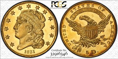 1831 $5 BD-2, Large D MS65+