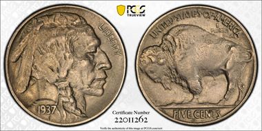 1937-D 5C 3 Legs AU55