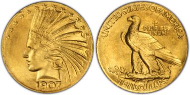 1907 $10 Indian, Wire Rim MS66