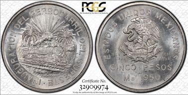 1950-Mo 5 Peso Southeastern Railroad KM-466  Ag MS65