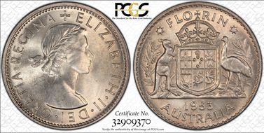 1953(m) Florin Small Rev. Denticles KM-54  Ag MS64