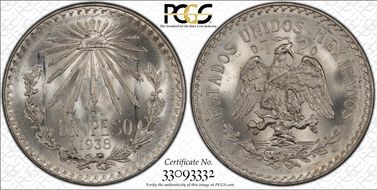 1938-M Peso KM-455  Ag MS66