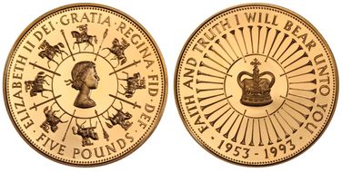 1993 £5 S-L2 40th Ann. Coronation Au PR69DCAM