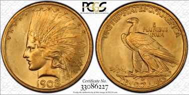 1908 $10 No Motto MS66