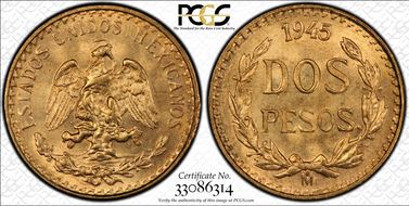 1945-Mo 2 Peso KM-461  Au MS66