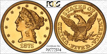 1875 $5 PR64CAM