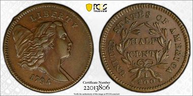 1794 1/2C C-4a, Small Edge Letters AU55BN