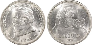 1936 5 Litai Jonas Basanavičius ↑↑ KM-82  Ag MS65