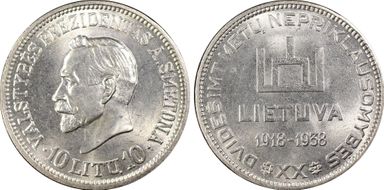 1938 10 Litu Republic ↑↑ KM-84 Ag MS63