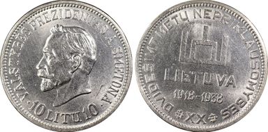1938 10 Litu Republic ↑↑ KM-84 Ag MS62