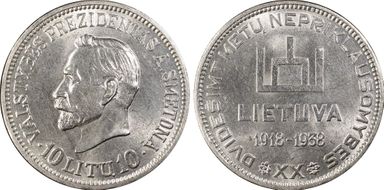 1938 10 Litu Republic ↑↑ KM-84 Ag MS63
