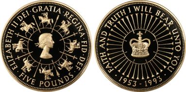 1993 £5 S-L2 40th Ann. Coronation Au PR69DCAM