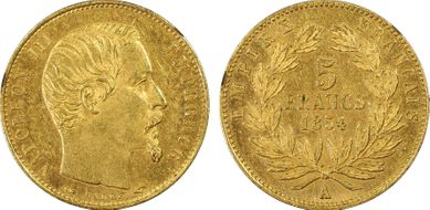 1854-A 5 Fr Gad-1000 Tranche lisse F-500 Au MS62