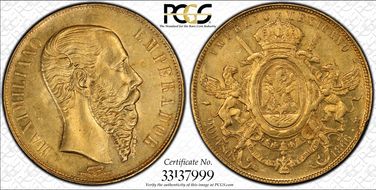 1866-Mo 20 Peso Maximilian KM-389  Au AU55