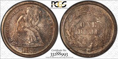 1875-S 10C Mintmark Below Bow MS66